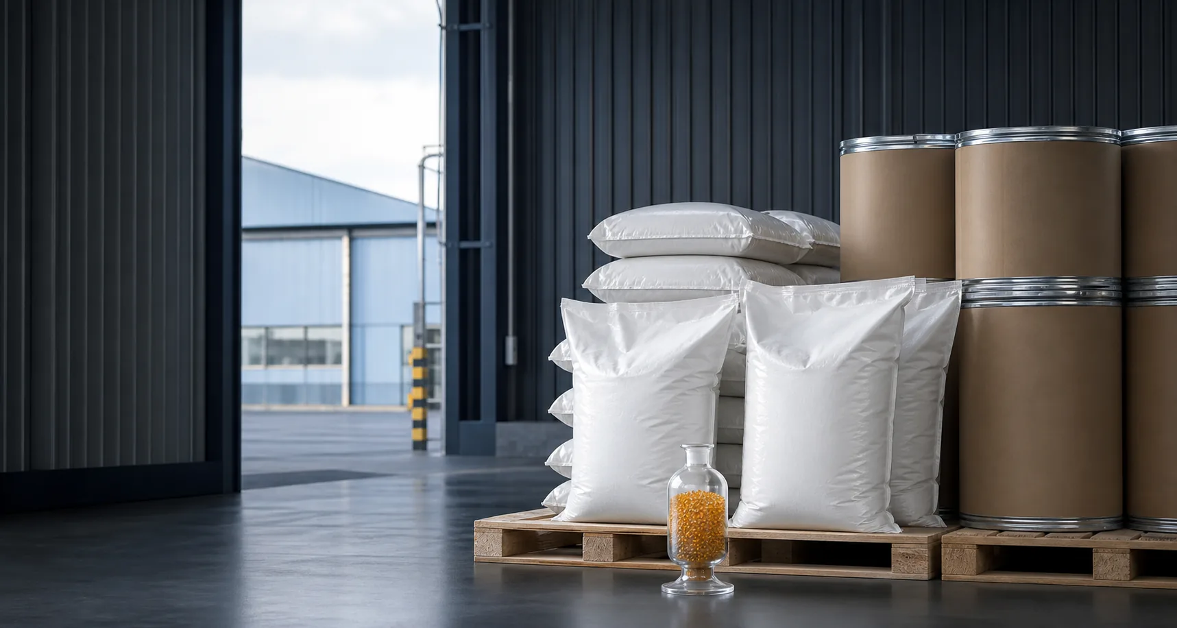 Unbranded export sacks and fiber drums beside a sample of amber resin beads