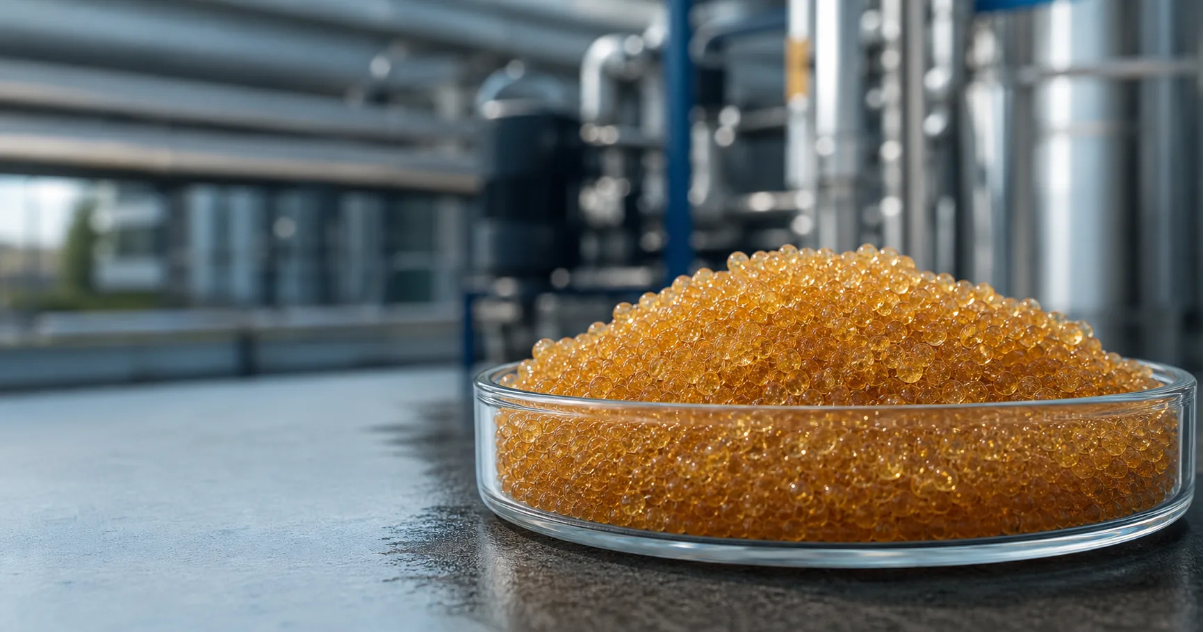 Amber ion exchange resin beads in a glass dish with a water-treatment facility in the background