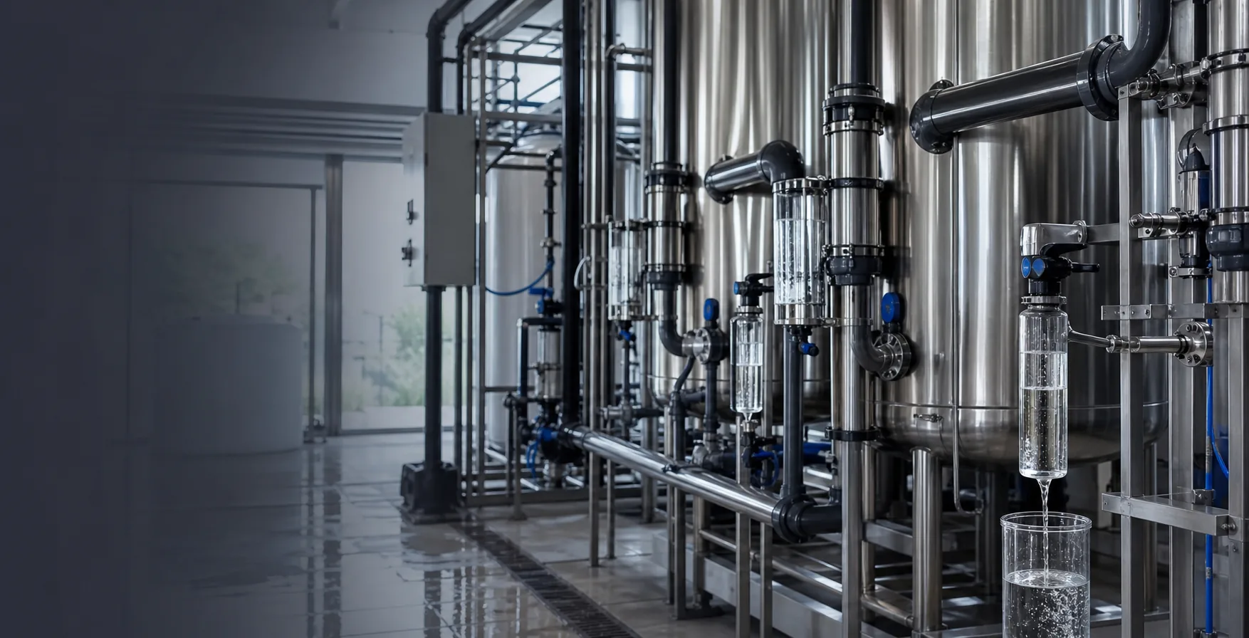 Stainless-steel industrial water-treatment system with clear process-water sampling