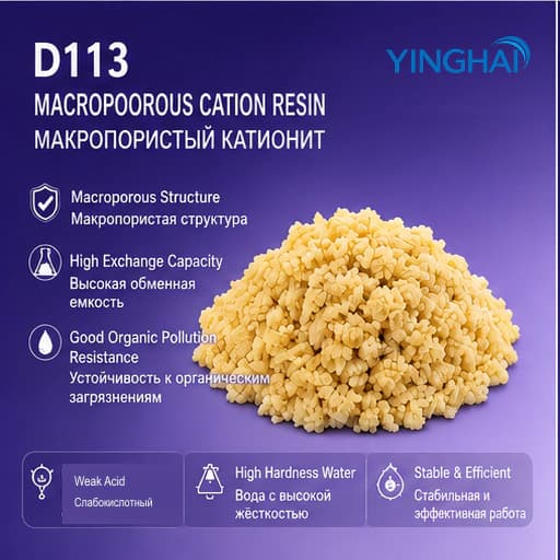 YINGHAI D113 ion exchange resin poster with English and Russian labels